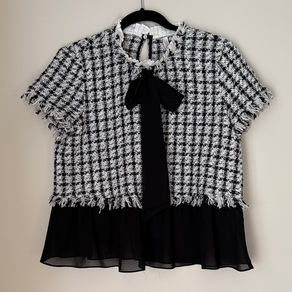 Zara Women's Black White Tweed with Bow Blouse Size L - Picture 1 of 14